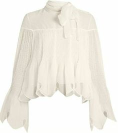 Scalloped Shirt, Neck Tie Blouse, Scalloped Blouse, White Blouses, Crepe Blouse, White Shirt Blouse, Bow Shirt, Flared Sleeves Top, Pleated Shirt