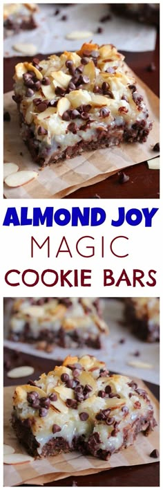 chocolate cookie bars with almonds and marshmallows are stacked on top of each other