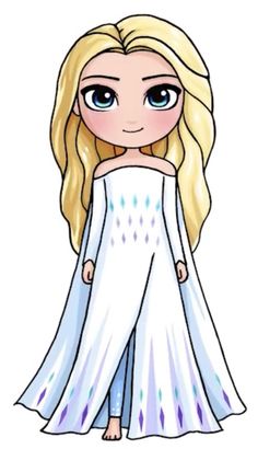 a drawing of a blonde haired girl with blue eyes and long hair wearing a white dress