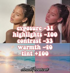 two beautiful women standing next to each other in front of the ocean with text reading exposure - 31 highlights contrast 3 warmth - 40 tint + 100