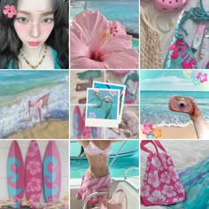 a collage of photos with pink and blue accessories