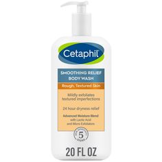 CETAPHIL Smoothing Relief Body Wash is designed to gently cleanse and exfoliate rough, textured skin without drying out the skin's moisture barrier, leaving you with softer and smoother looking skin. Formulated with an Advanced Moisture Blend made up of glycerin, shea butter and soybean oil to provide 24 hour relief from dryness. This gentle body wash contains lactic acid and natural biodegradable micro exfoliants made from sunflower wax to exfoliate textured imperfections and rough skin. Dermat Rough Bumpy Skin, Exfoliating Body Wash, Teeth Whitening Toothpaste, Textured Skin, Bumpy Skin, Bath And Body Works Perfume, Skincare Brands, Hygiene Routine, Rough Skin