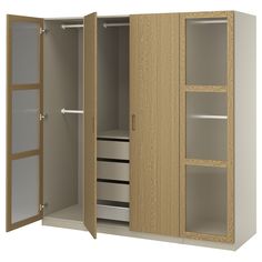 an open closet with two doors and three drawers