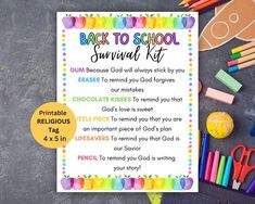 back to school survival kit with crayons, markers and pencils next to it