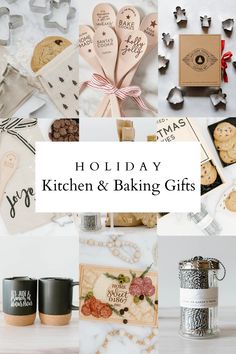 holiday kitchen and baking gifts are featured in this collage with the words holidays written on them