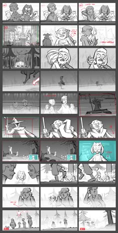 the animation storyboard shows various scenes in different stages