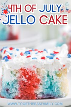 One image with text at the top. Hello Poke Cake, Poke Cake Recipes Jello, Patriotic Jello, 4th Of July Jello, Jello With Cool Whip, Jello Cake Recipes, Jello Poke Cake, Easter Appetizers Easy, Poke Cake Jello