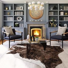 a living room filled with furniture and a fire place in the middle of a room