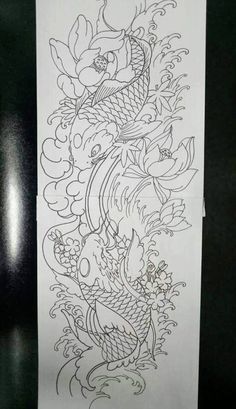 a drawing of a fish and flowers on a piece of paper with watermarking