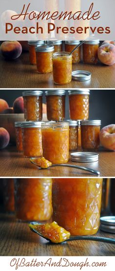 homemade peach preserves recipe in jars and spoons