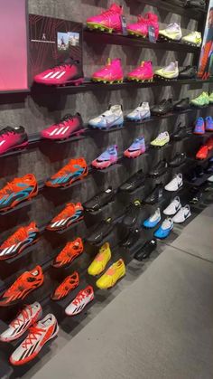 many pairs of shoes are on display in a store