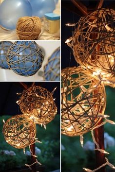 several pictures of different types of lights and balls in the shape of spheres on sticks