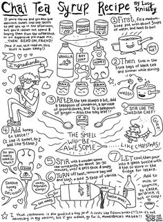 a black and white poster with words on it that say, chat tea syrup recipe