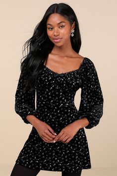 Everyone will admire your charming vibes all day long with the Lulus Adored Perfection Black Floral Velvet Balloon Sleeve Mini Dress! Plush velvet boasts a dainty floral print throughout as it shapes a sweetheart neckline with a bow at the center, a gathered bodice, and three-quarter balloon sleeves (with elastic at the shoulders and cuffs). The flattering, set-in waist tops a flowy A-line skirt that finishes at a flirty mini hem. Hidden back zipper/clasp. Fit: This garment fits true to size. Length: Mid-thigh. Size medium measures 25.75" from shoulder to hem. Bust: Great for any cup size. Waist: Fitted - very fitted at natural waist. Hip: Not Fitted - fuller skirt allows room for hips. Undergarments: May be worn with any standard bra. Fabric: Fabric is very stretchy. Lined. Shell: 95% Pol Gathered Bodice, Velvet Mini Dress, Balloon Sleeve Dress, Formal Cocktail Dress, Mini Velvet Dress, Floral Dress Black, Balloon Sleeves, Mini Dress With Sleeves, Dress 100