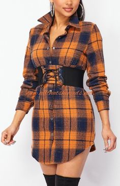 Plaid, button down, collared, shirt dress, with stretch waist belt. 95% Polyester, 5% Spandex