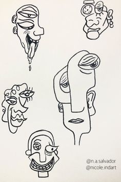 four different faces drawn in black and white with one man's head sticking out