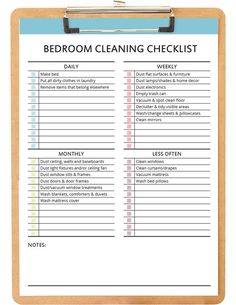 a clipboard with the words bedroom cleaning checklist on it