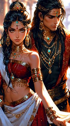 two people dressed in costumes and jewelry standing next to each other with their hands on their hips