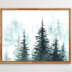 a watercolor painting of pine trees on a white wall