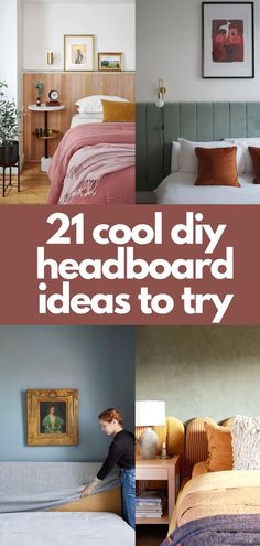 4 examples of diy headboard using a variety of materials, which include fabric, wood, and upholstery foam Headboards Ideas Diy, Fun Headboard Ideas, Bed Back Board Ideas, Headboard No Frame, King Headboard Ideas Master Bedrooms Diy, Headboard Wider Than Bed, Extra Long Headboard, Non Traditional Headboard Ideas, Quilt Headboard Ideas