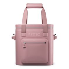 a pink tote bag with two handles and an external pocket on the side,