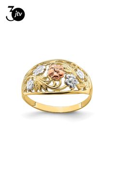 14K tri-color gold polished floral dome shaped ring. Band width measures approximately 1/16". Ring size 6. Dome Ring, Domed Ring, Gold Polish, Ring Band, Tri Color, Ring Size, Band, Ring, Floral