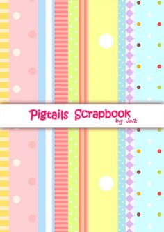 a colorful striped background with polka dots and stripes on it's sides, including the words pigtails scrapbook by ux