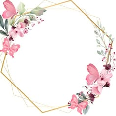 a round frame with pink flowers and green leaves on the edges is surrounded by gold hexagonals