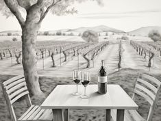 a table with two wine glasses and a bottle on it in front of a vineyard mural