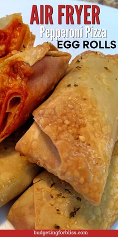 an air fryer pepperoni pizza egg rolls are stacked on top of each other