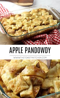 an apple pie in a glass dish with the title above it