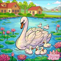 a mother swan with her two babies in the water surrounded by lily pads and houses