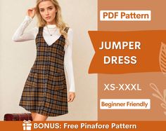 a woman in a plaid dress with the text jumper dress xs - xxl beginner friendly