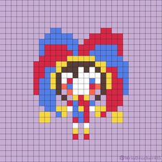 a pixellated image of a woman's face in red, yellow and blue