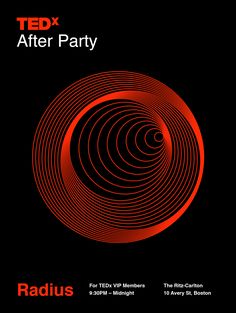 the poster for ted after party with red and black spirals in the center, against a black background