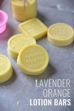 several soap bars with the words lavender orange lotion bars written on them in french