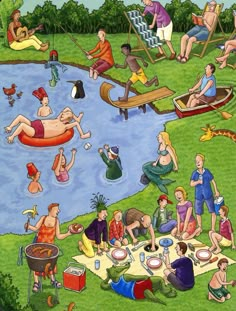 a painting of people sitting on the grass near a lake and picnicking in the park