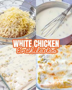 white chicken enchiladas are being prepared in pans with cheese on top