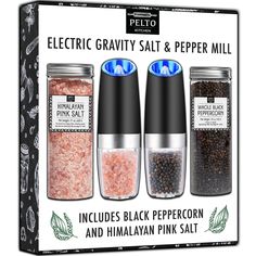 three salt and pepper grinds are shown in front of each other with the words electric gravity salt and pepper mill