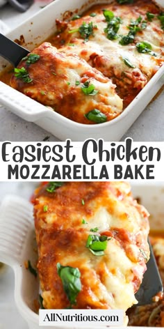 an easy chicken mozzarella bake is shown