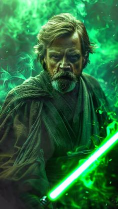 luke star wars the force awakes with green lights on his face and hands, as he