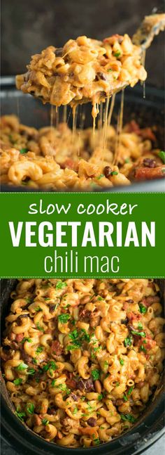 slow cooker vegetarian chilli mac recipe with text overlay that reads, slow cooker vegetarian chili mac