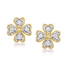 Ross-Simons - .15 ct. t. w. Diamond Four-Leaf Clover Earrings in 14kt Yellow Gold. Twinkling with .15 ct. t. w. round brilliant-cut diamonds, these lucky four-leaf clover earrings are a luxe upgrade from your average everyday studs. Finely crafted in polished 14kt yellow gold. Post/clutch, diamond four-leaf clover earrings. Diamond birthstones are the perfect gift for April birthdays. Jewelry Presentation, April Birthday, Diamond Birthstone, Gold Sign, Clover Earrings, Earrings Diamond, Stone Cuts, Leaf Clover, Fine Jewellery Earrings