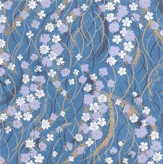 a blue background with white and purple flowers on the bottom right corner, gold lines in the middle