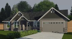 this is an artist's rendering of a house in the country style with two car garages