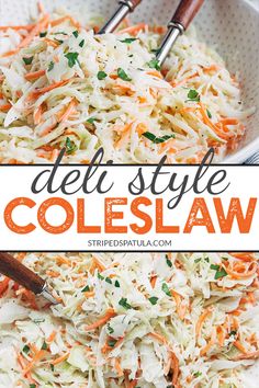 coleslaw in a white bowl with carrots and parsley on the side