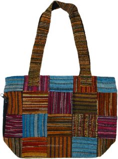 A boho-style Satchel Purse Bag with Double Top Handles. The bag is characterized by stripes squares of cotton dari fabric giving it a good body. #tlb #bohemianfashion #BohoBag Striped Woven Rectangular Shoulder Bag, Rectangular Striped Woven Shoulder Bag, Bohemian Cotton Shoulder Bag For Travel, Striped Woven Rectangular Beach Bag, Multicolor Fabric Bags For Vacation, Bohemian Fabric Travel Bag, Bohemian Travel Bags In Fabric, Bohemian Patchwork Cotton Shoulder Bag, Multicolor Fabric Vacation Bags