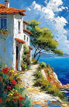 a painting of a house by the ocean with flowers and trees in front of it