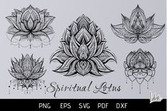 the lotus flower tattoo design is shown in black and white, as well as other designs