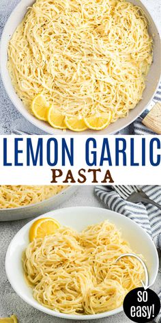 lemon garlic pasta in a white bowl on a gray counter top with the title above it